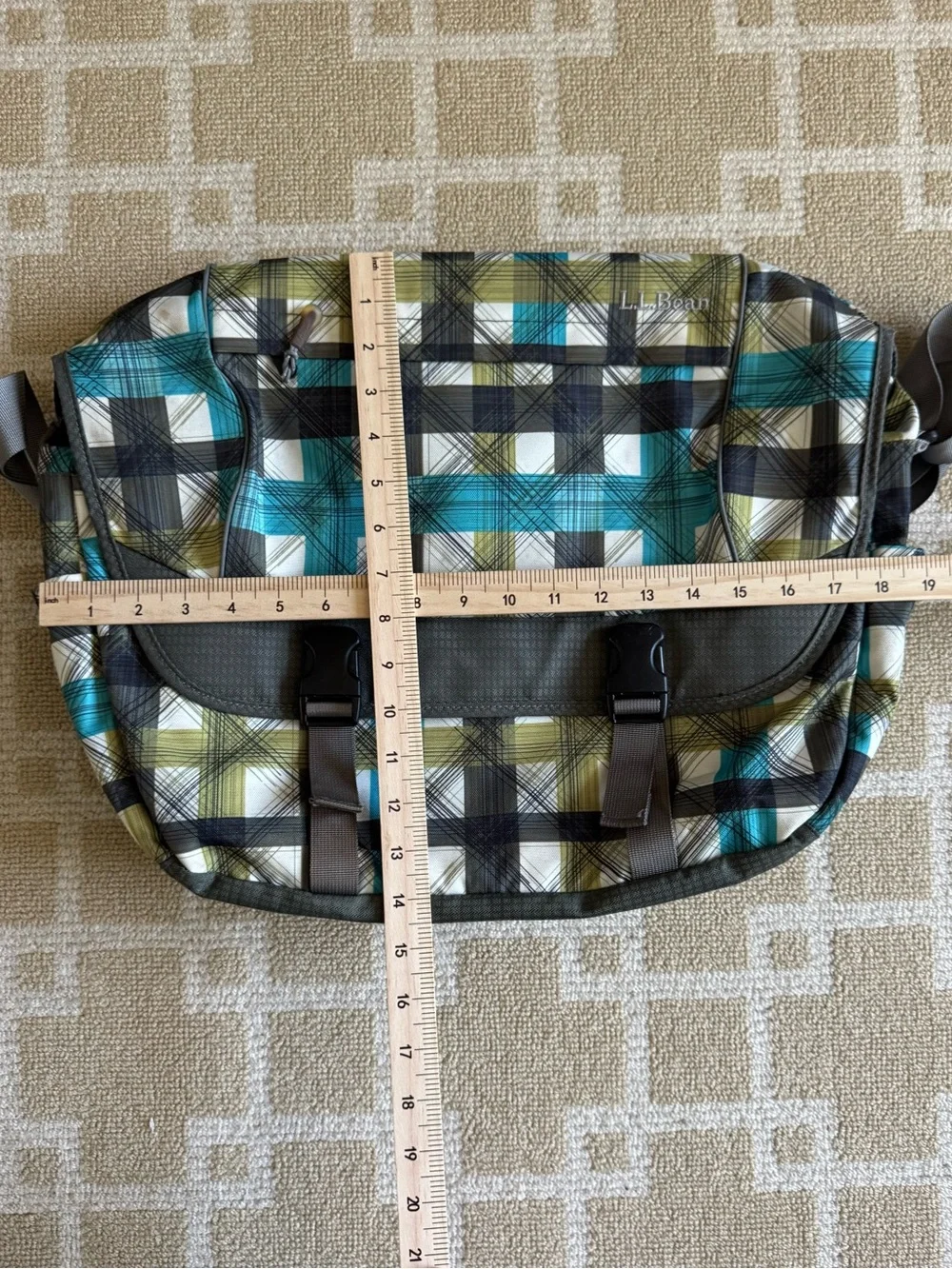 L.L. Bean Laptop Messenger Bag Padded Crossbody Briefcase Teal Gray Plaid O/S